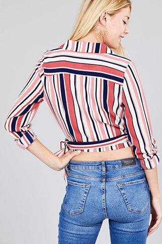 Ladies fashion 3/4 roll up sleeve surplice wrap w/side bow tie multi striped woven top