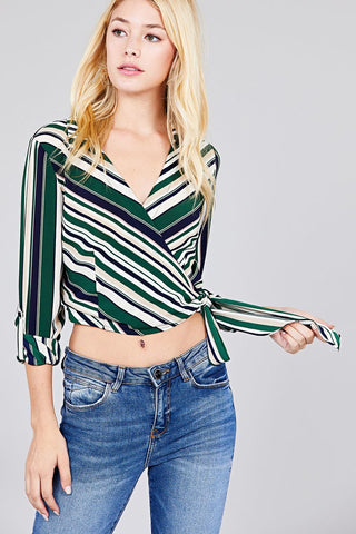 Ladies fashion 3/4 roll up sleeve surplice wrap w/side bow tie multi striped woven top
