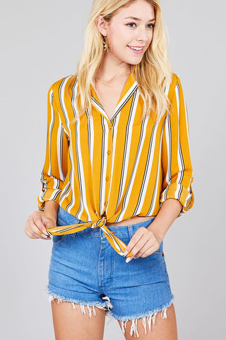 Ladies fashion 3/r roll up sleeve notched collar front tie multi striped woven top
