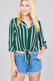 Ladies fashion 3/r roll up sleeve notched collar front tie multi striped woven top