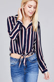 Ladies fashion 3/r roll up sleeve notched collar front tie multi striped woven top