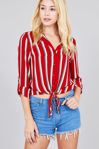 Ladies fashion 3/r roll up sleeve notched collar front tie multi striped woven top