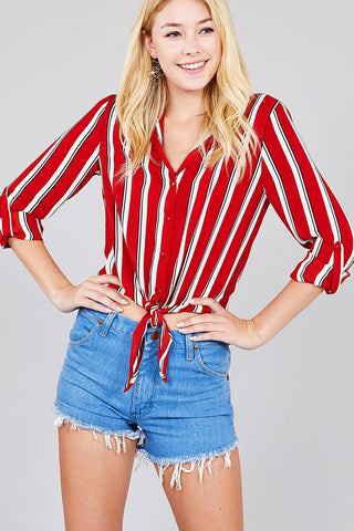 Ladies fashion 3/r roll up sleeve notched collar front tie multi striped woven top