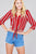 Ladies fashion 3/r roll up sleeve notched collar front tie multi striped woven top