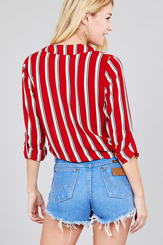 Ladies fashion 3/r roll up sleeve notched collar front tie multi striped woven top