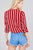Ladies fashion 3/r roll up sleeve notched collar front tie multi striped woven top