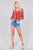 Ladies fashion 3/r roll up sleeve notched collar front tie multi striped woven top