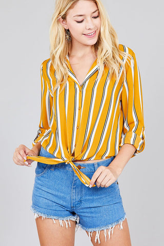 Ladies fashion 3/r roll up sleeve notched collar front tie multi striped woven top
