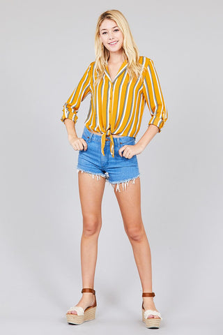 Ladies fashion 3/r roll up sleeve notched collar front tie multi striped woven top