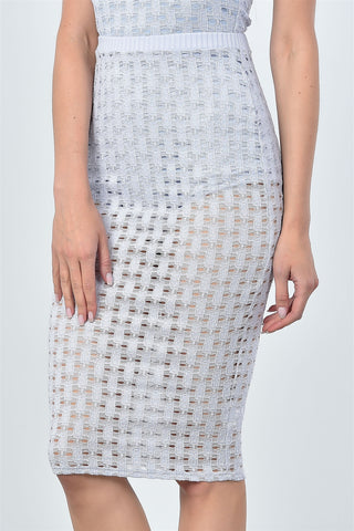 Ladies fashion mesh hole bodysuit and midi skirt two piece set - merchandiserus2