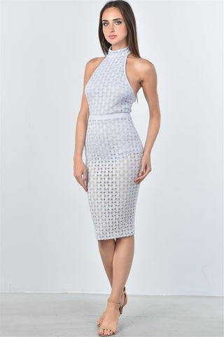 Ladies fashion mesh hole bodysuit and midi skirt two piece set - merchandiserus2