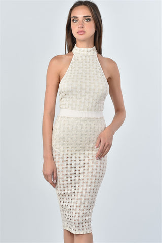 Ladies fashion mesh hole bodysuit and midi skirt two piece set - merchandiserus2