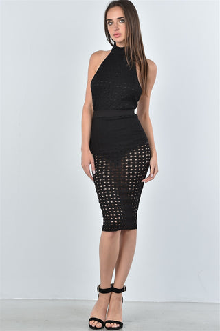 Ladies fashion mesh hole bodysuit and midi skirt two piece set - merchandiserus2