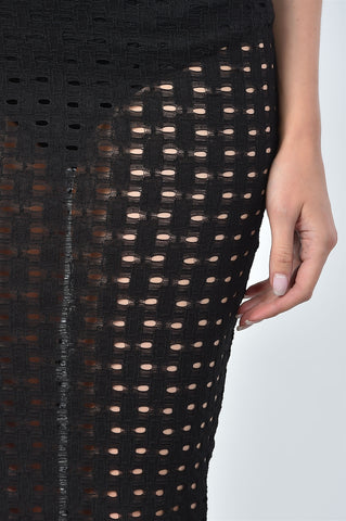 Ladies fashion mesh hole bodysuit and midi skirt two piece set - merchandiserus2