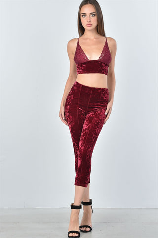 Ladies fashion velvet lace crop top and calf-length pants two piece set - merchandiserus2