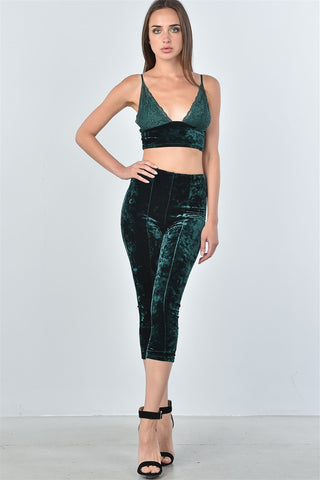 Ladies fashion velvet lace crop top and calf-length pants two piece set - merchandiserus2