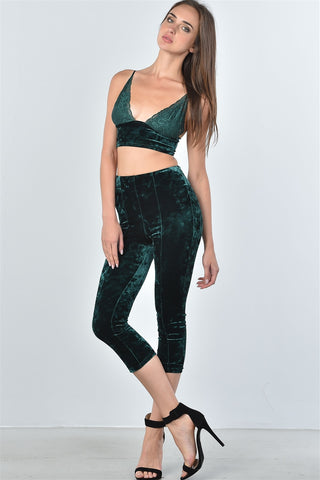 Ladies fashion velvet lace crop top and calf-length pants two piece set - merchandiserus2
