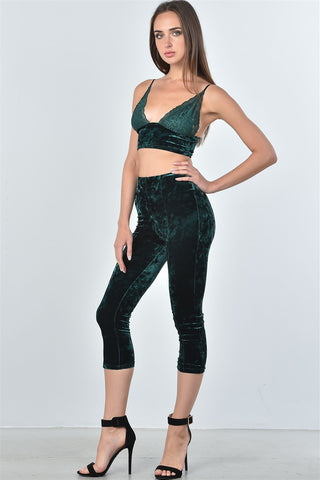Ladies fashion velvet lace crop top and calf-length pants two piece set - merchandiserus2