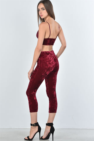 Ladies fashion velvet lace crop top and calf-length pants two piece set - merchandiserus2