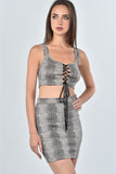 Ladies fashion taupe snake print lace up crop top and mini skirt two piece set - merchandiserus2