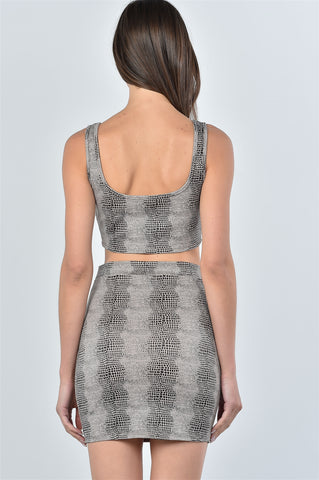 Ladies fashion taupe snake print lace up crop top and mini skirt two piece set - merchandiserus2