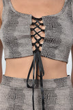 Ladies fashion taupe snake print lace up crop top and mini skirt two piece set - merchandiserus2