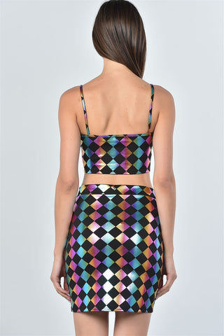 Ladies fashion dark multi color geo print top and skirt two piece set - merchandiserus2