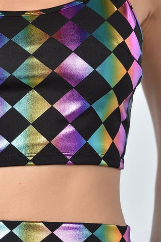 Ladies fashion dark multi color geo print top and skirt two piece set - merchandiserus2