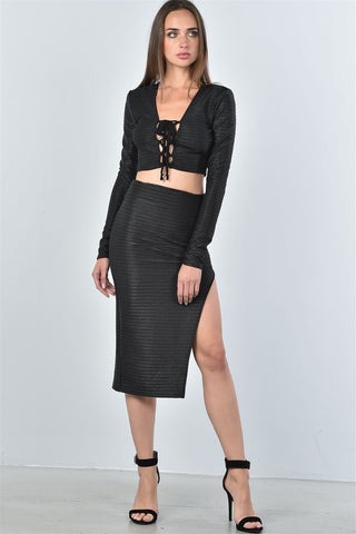 Ladies fashion black textured lace up top and high split midi skirt two piece set - merchandiserus2