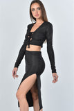 Ladies fashion black textured lace up top and high split midi skirt two piece set - merchandiserus2