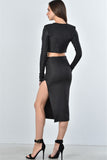 Ladies fashion black textured lace up top and high split midi skirt two piece set - merchandiserus2