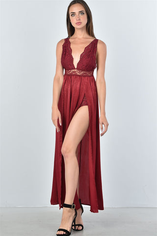 Ladies fashion boho lace double split maxi dress - merchandiserus2