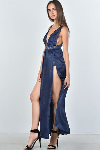 Ladies fashion boho lace double split maxi dress - merchandiserus2