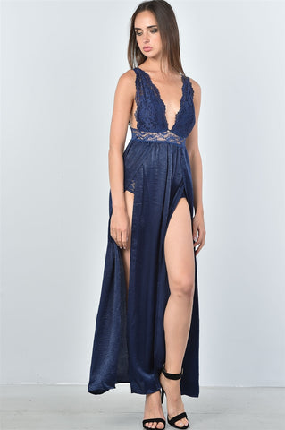 Ladies fashion boho lace double split maxi dress - merchandiserus2