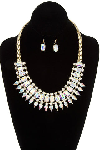 Faceted crystal gem link bib necklace set