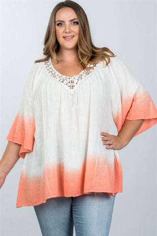 Ladies fashion plus size  boho lace crochet neck ombre top