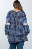 Ladies fashion plus size boho mix print tassel crochet trim top
