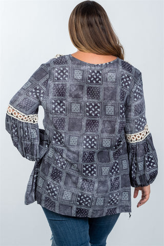 Ladies fashion plus size boho mix print tassel crochet trim top