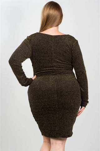 Ladies fashion plus size sexy black and gold metallic draped neck midi dress