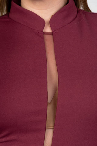 Ladies fashion plus size sexy high neck mesh insert bodycon midi plus size dress