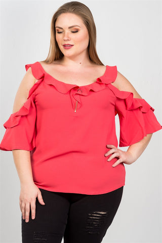 Ladies fashion plus size cold shoulder ruffle zipper o-ring top
