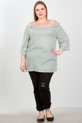 Ladies fashion plus size boho striped cold-shoulder top
