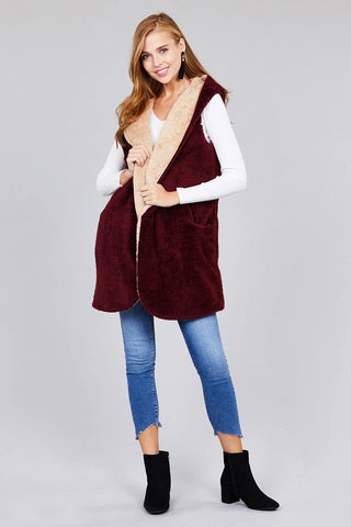 Ladies fashion plus size open front w/hoodie faux fur soft fluffy vest