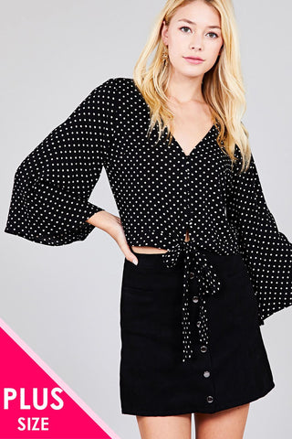 Ladies fashion plus size 3/4 bell sleeve v-neck w/button front tie detail dot printed crinkle gauze woven top