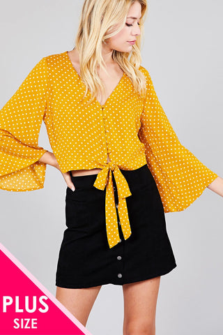 Ladies fashion plus size 3/4 bell sleeve v-neck w/button front tie detail dot printed crinkle gauze woven top
