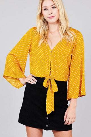 Ladies fashion plus size 3/4 bell sleeve v-neck w/button front tie detail dot printed crinkle gauze woven top