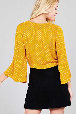 Ladies fashion plus size 3/4 bell sleeve v-neck w/button front tie detail dot printed crinkle gauze woven top