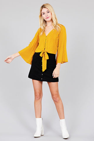 Ladies fashion plus size 3/4 bell sleeve v-neck w/button front tie detail dot printed crinkle gauze woven top