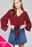 Ladies fashion plus size 3/4 bell sleeve v-neck w/button front tie detail dot printed crinkle gauze woven top