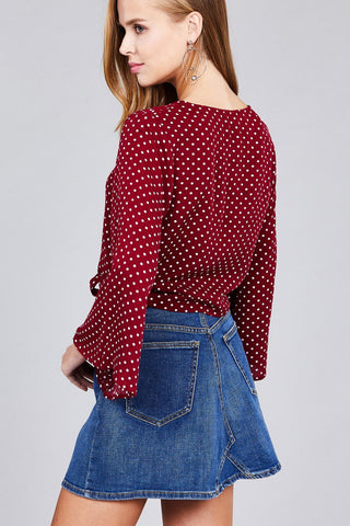 Ladies fashion plus size 3/4 bell sleeve v-neck w/button front tie detail dot printed crinkle gauze woven top